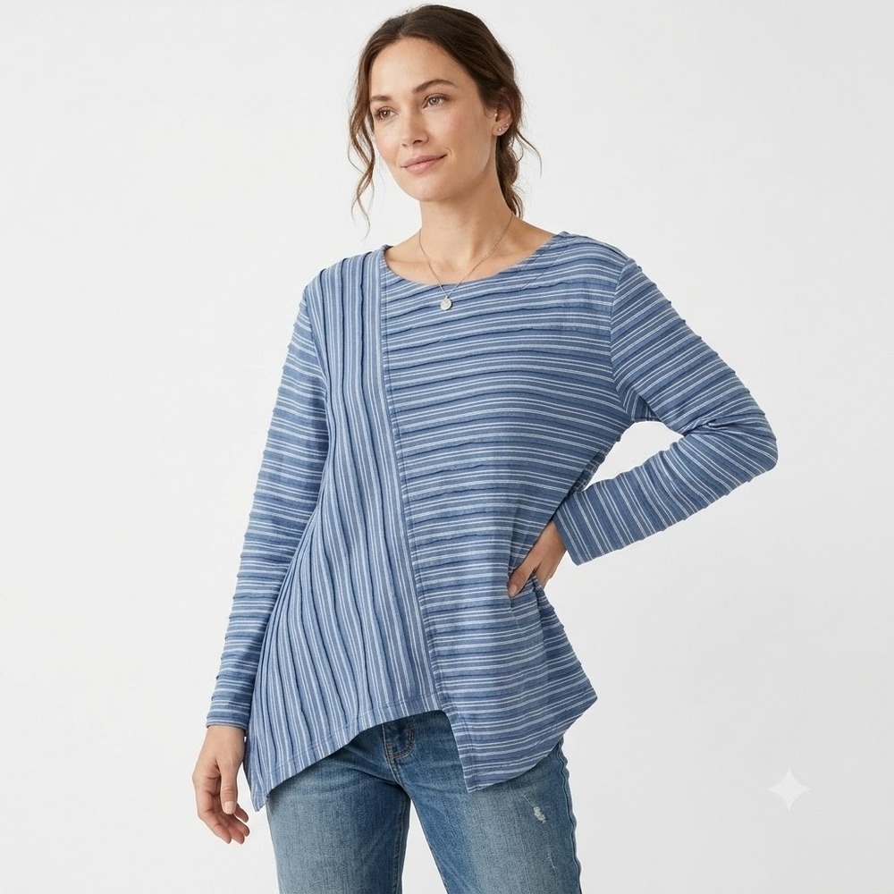 Habitat Asymmetrical Striped Tunic‎ Size L Blue Cotton Top Coastal Lagenlook